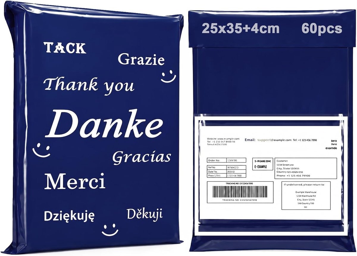 Verzendzakken 35 x 45 cm - 60 stuks blauwe verzendtassen met bedankje voor klanten