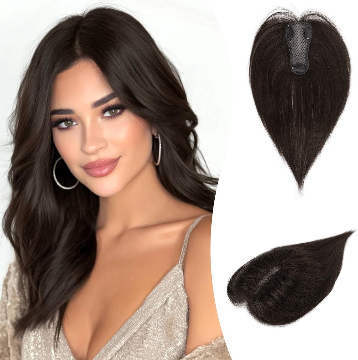 Clip-in Haar Topper voor Dames - Donkerbruin met 15% Donker Cacao Blond - Echte Mensenhaar voor Dunner Wordend Haar - Lichtgewicht Steil Haarstuk zonder Pony