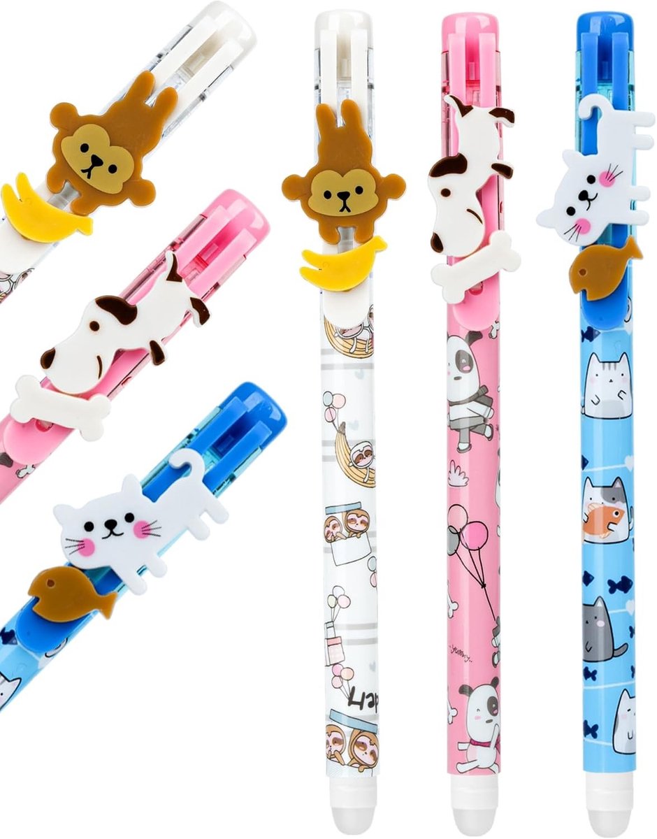 3 Vervangbare Balpennen met Dierenontwerpen voor Kinderen en Studenten - Ideaal voor Schoolgebruik (Blauw)