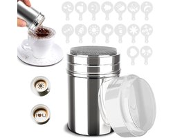 Cacao shaker met 16 stencils voor koffie, roestvrijstalen poeder shaker, accessoires voor cappuccino en warme chocolade