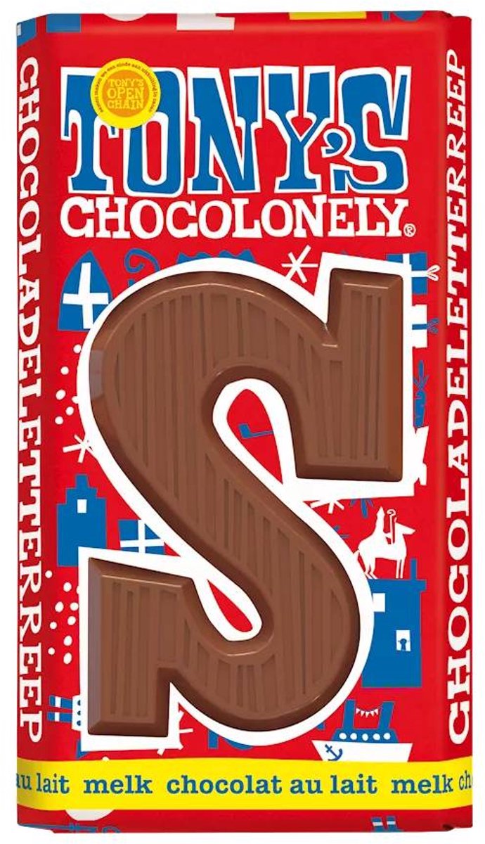 Tony's Chocolonely - Chocoladeletter - Melk - Sinterklaas - Schoencadeautjes - Sint Cadeau - 90 Gram - Fairtrade Belgische Chocola