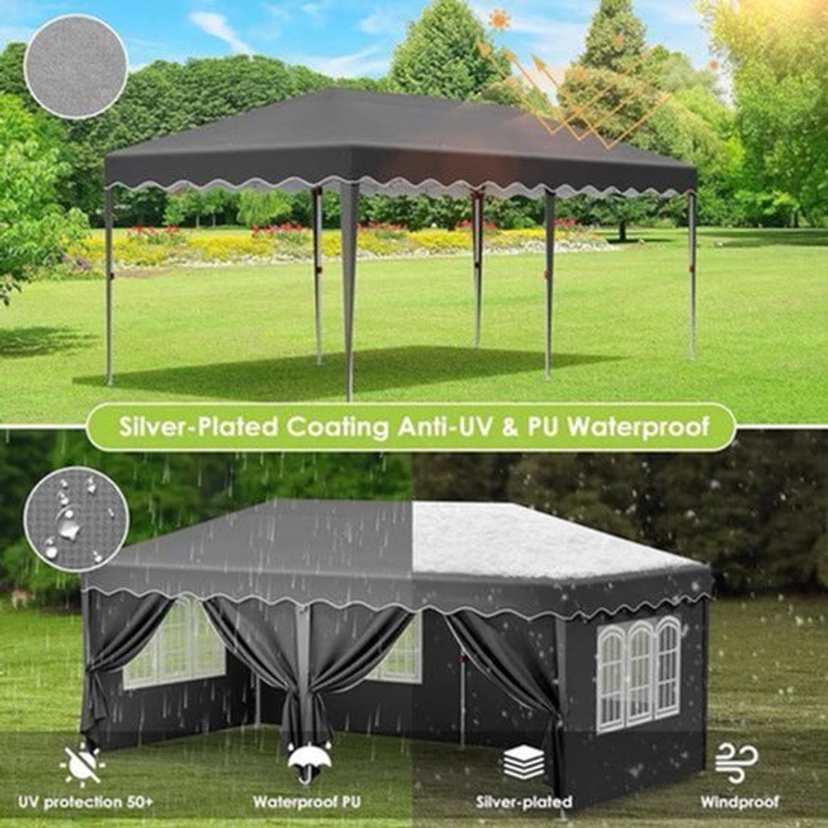 Paviljoen - Tuinpaviljoen - Partytent - Tuintent - Pop-up Kliksysteem - Stabiel - Vouwtent - Opvouwbaar - met 6 Zijpanelen - Waterdicht - Winterbestendig - 50+UV-Bescherming - voor Tuin - Buiten - Achtertuin - Oxford fabric - 3 x 6 m - Donkergrijs