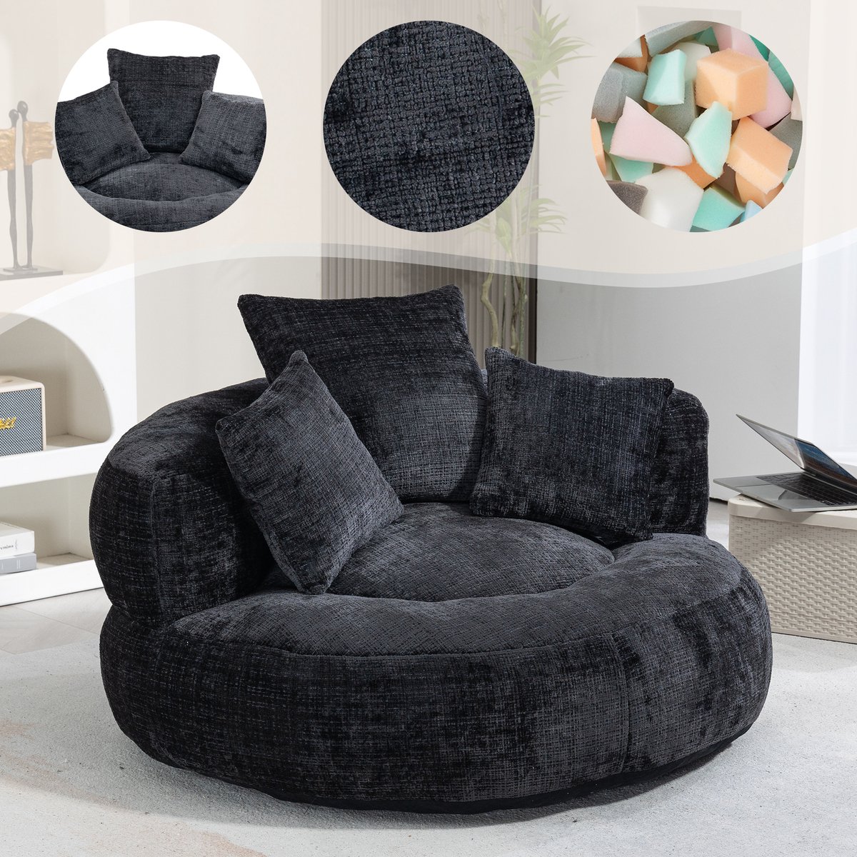 Zitzakbank Lazy Sofa Zwarte Chenille - hoge rugleuning - drie kussens - binnen & buiten, voor volwassenen en kinderen - duurzaam en comfortabel - ideaal voor gaming, slaapkamer en kantoor