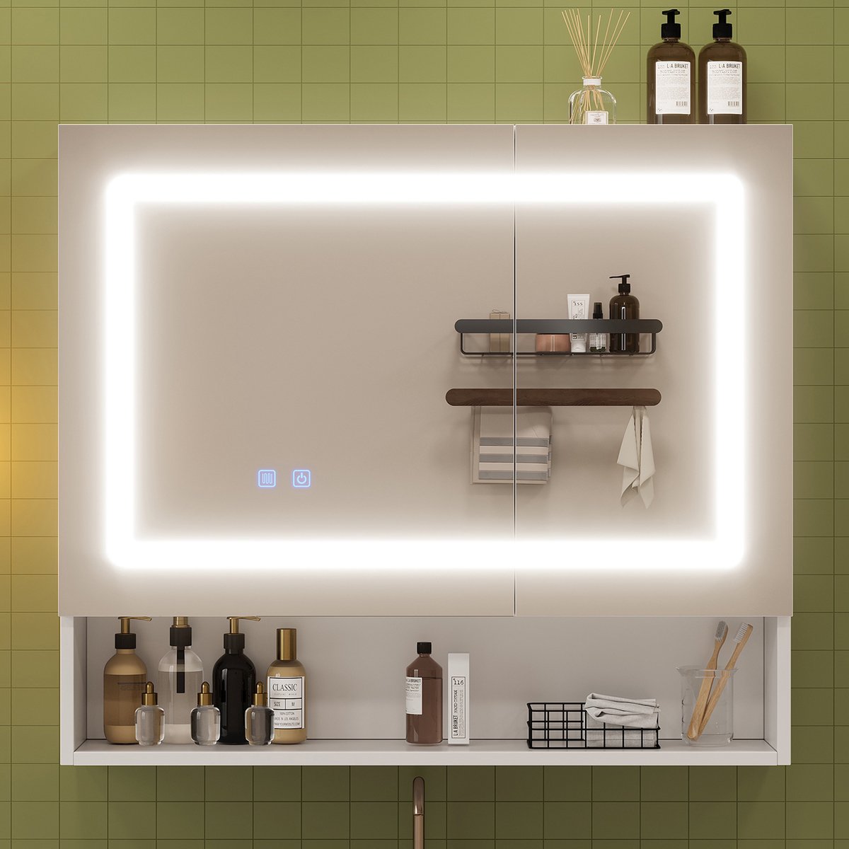 Badkamerspiegelkast met dubbele deuren - Eénknopsontvochtiging - LED-verlichting - Verstelbare legplanken - Soft-close scharnieren - Wit
