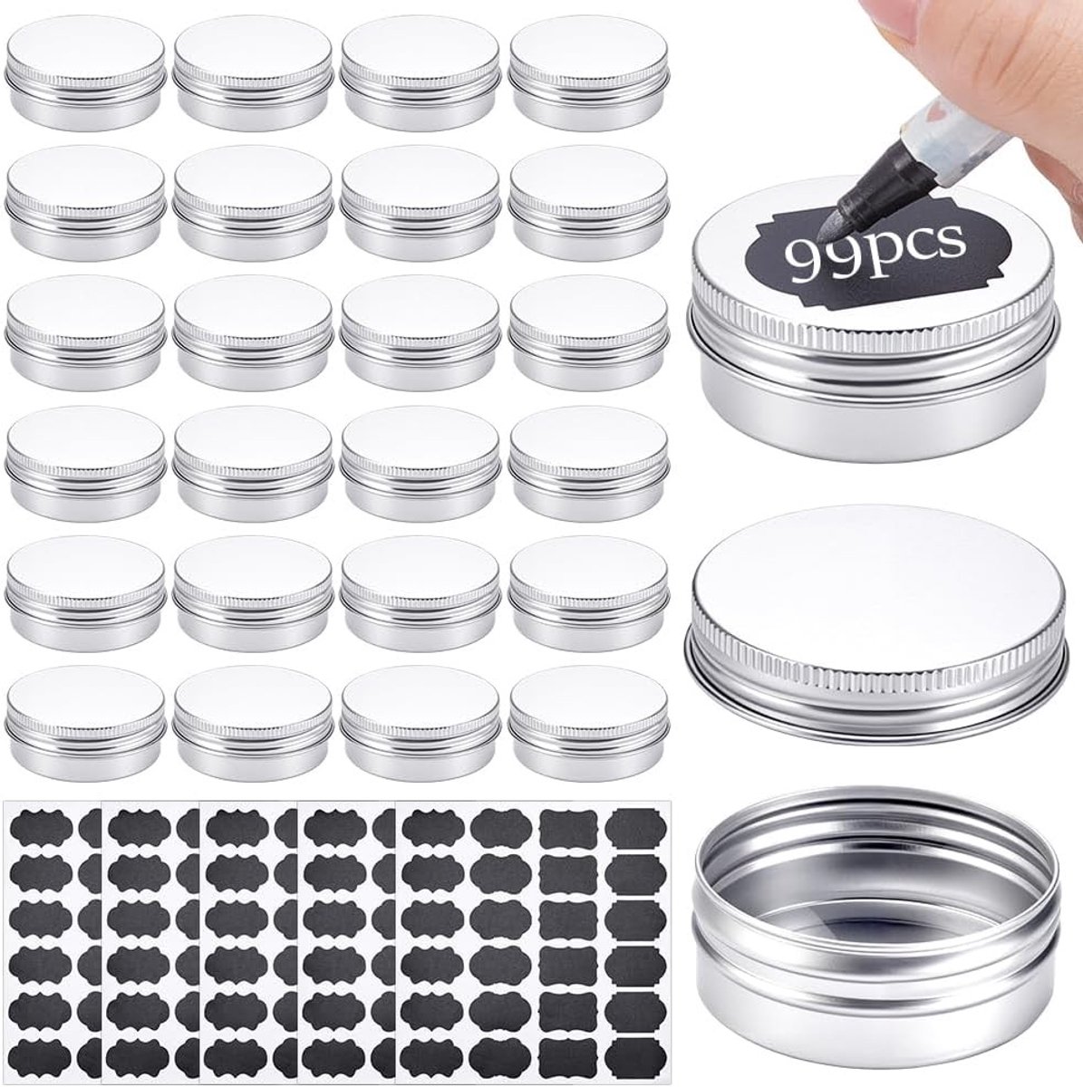 Ronde 30ml Aluminium Blikjes met Schroefdeksel, 99 Stuks, Ideaal voor Cosmetica, Lippenbalsem en Kaarsen met 5 Vellen Papieren Labels
