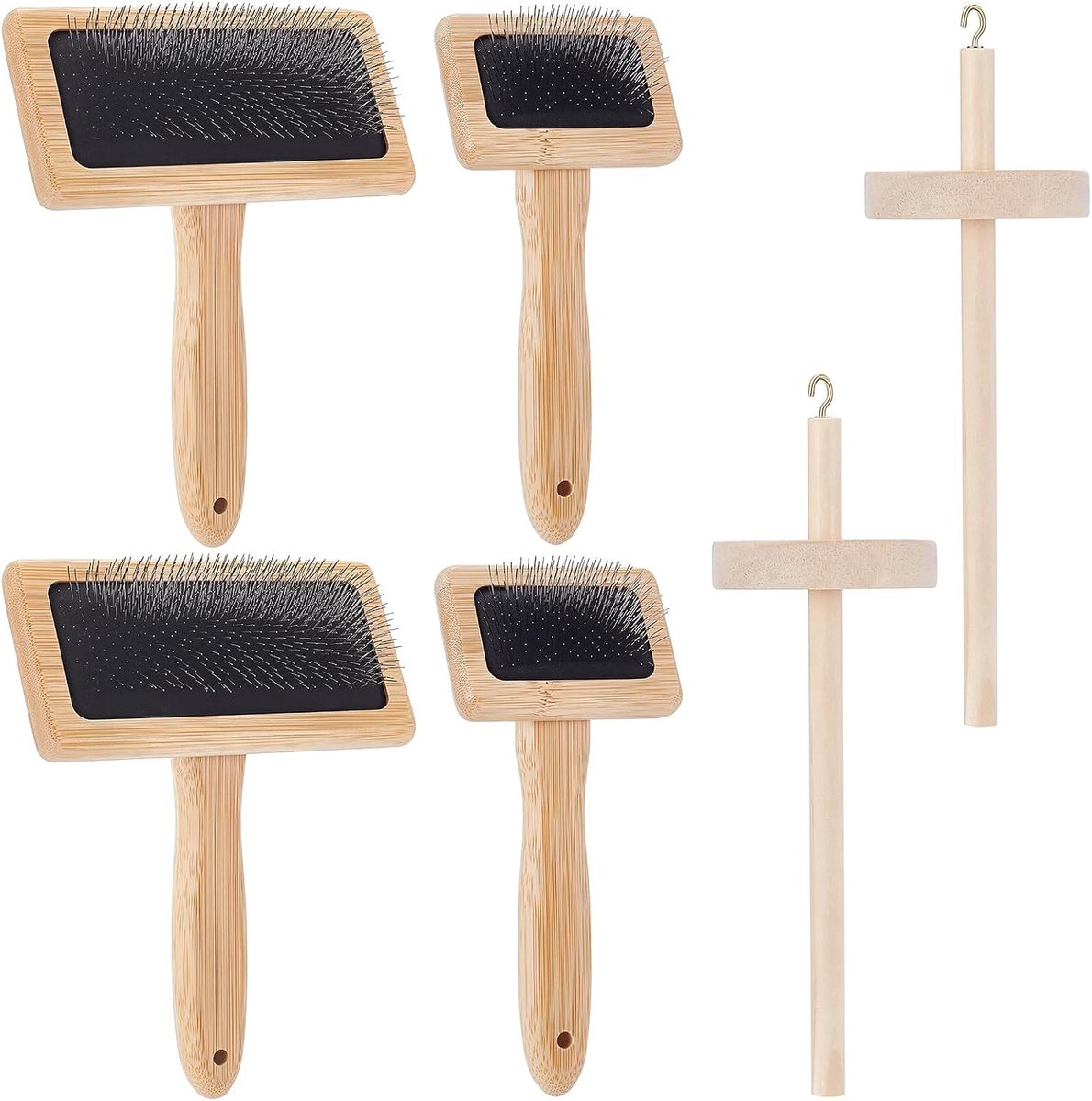 Set van 6 Houten Spindels en Wolkaarders, Handkaarden en Gereedschap voor Wolmixen, Spin- en Weefprojecten