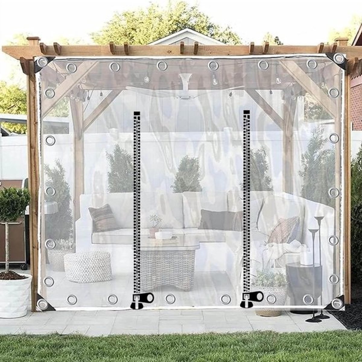 Transparant Zeildoek Gordijn - Buiten Zeildoek PVC Paneel - Terras Afschermen - Met Ritssluitingsdeur - 2.3x2m - Transparant