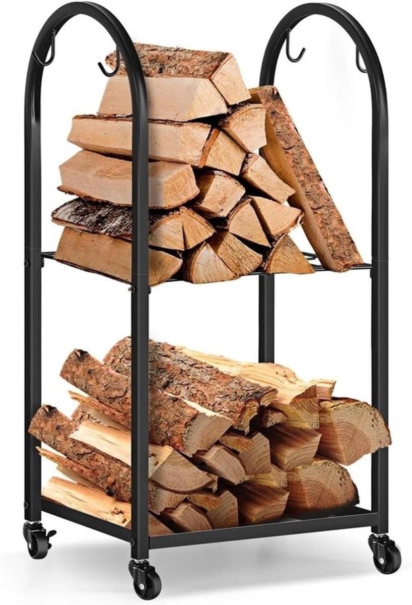 Brandhoutrek met wielen - Houtopslag rek - Haardhout organiseren - Dubbele opslagruimte - 52 x 32 x 85 cm - Zwart