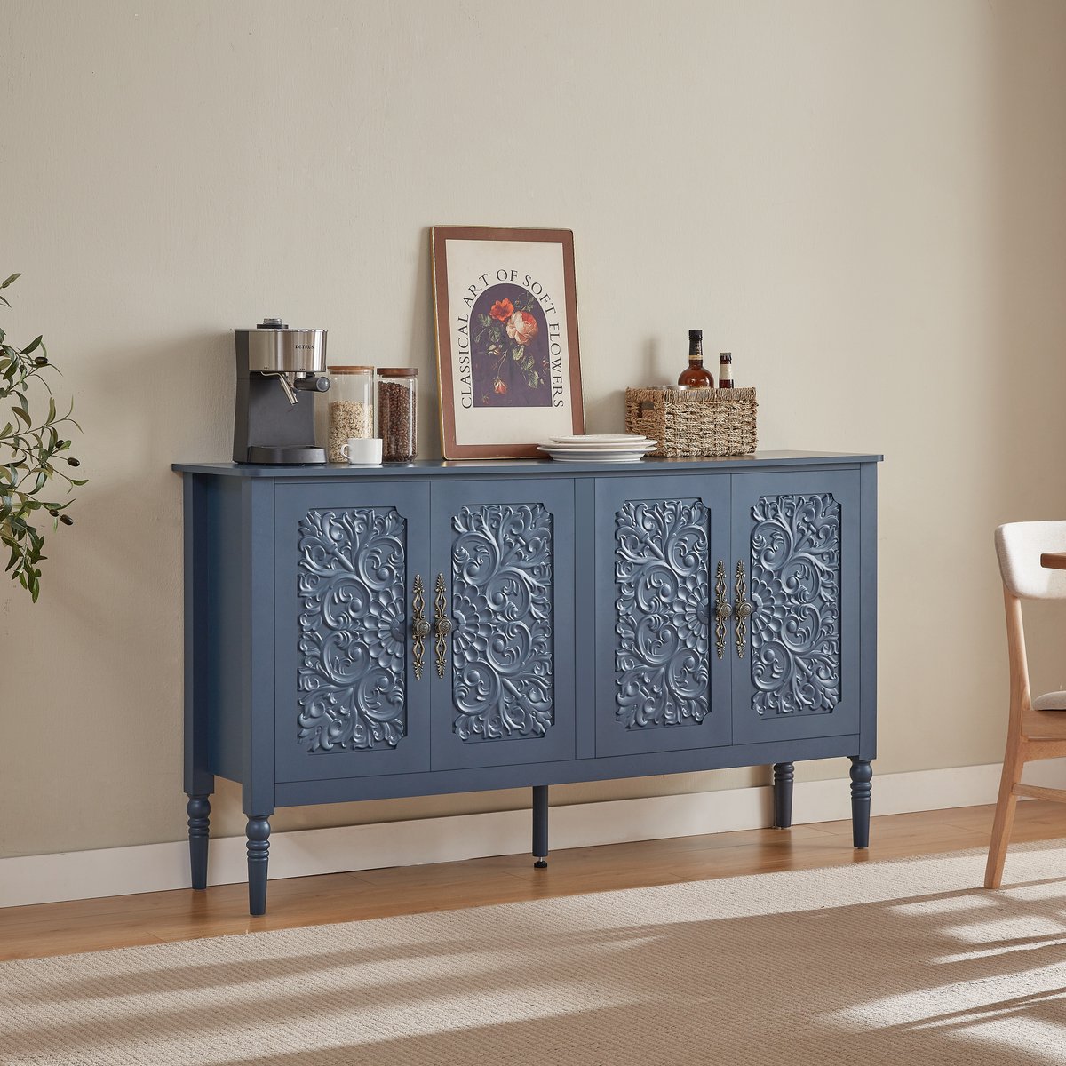 Clruro Dressoir - 160 x 40 x 89 cm - Reliëfdecor en Ronde Hoeken - MDF/Spaanplaat - Marineblauw