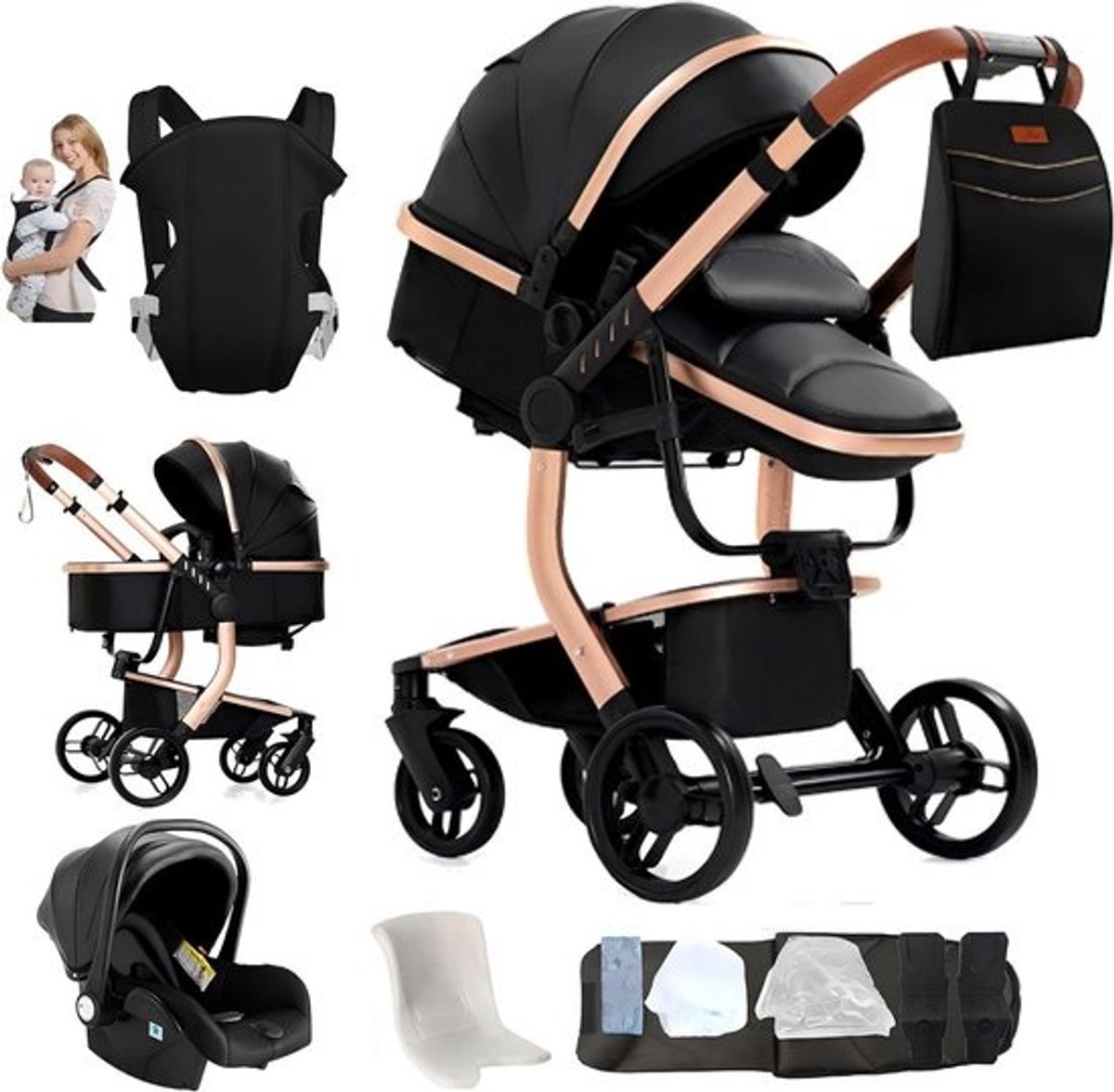 Kinderwagen 3-in-1 - Reiswieg Set - Baby Vervoeren - One-Touch Rem - 82 x 61 x 105 cm - Zwart