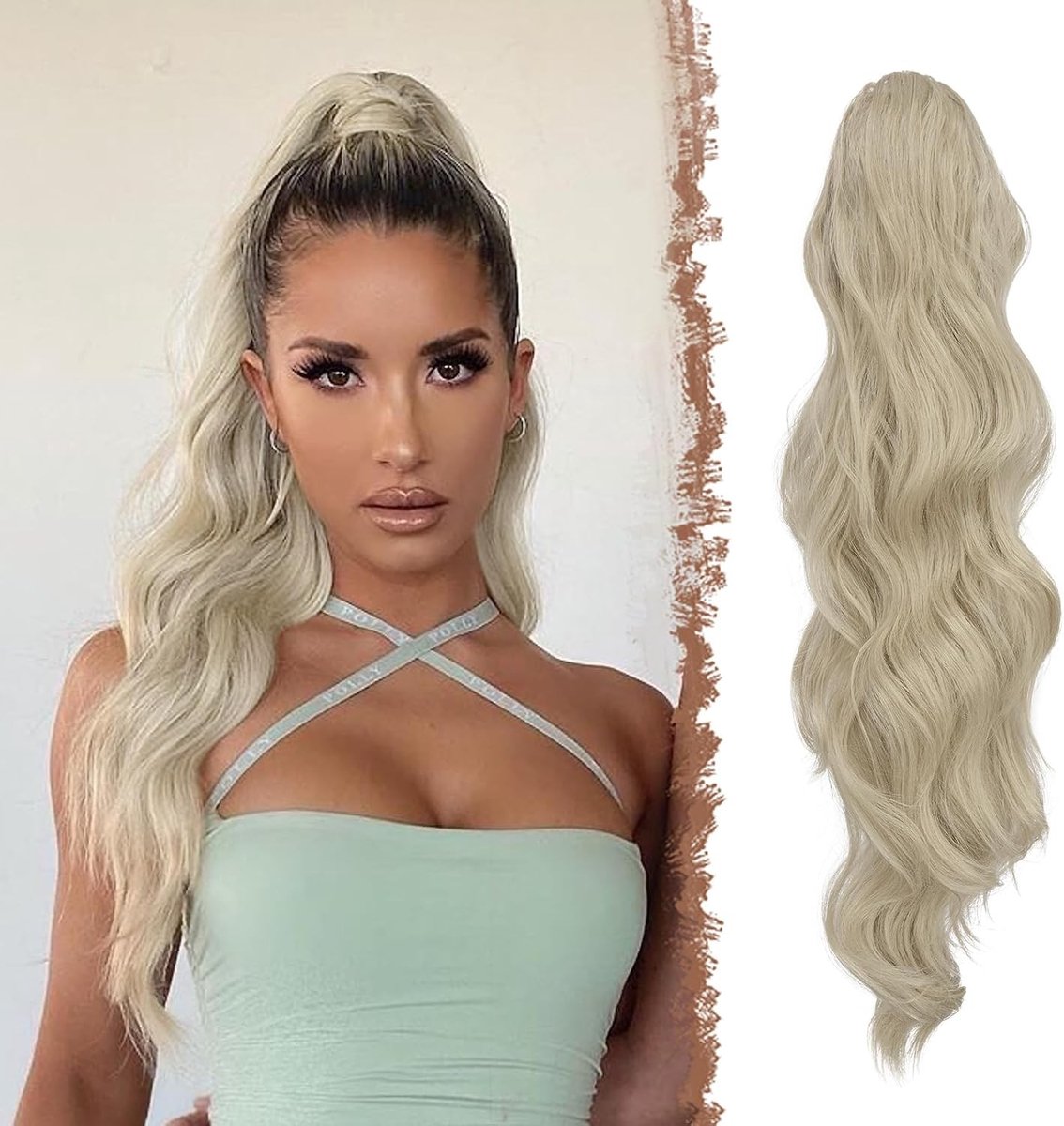 Ponytail Haarstuk met Treksnoer - Lange Golvende Synthetische Haarextensions voor Vrouwen - Asblond 60cm, Perfect voor een Snelle Hairstyle en Dagelijks Gebruik