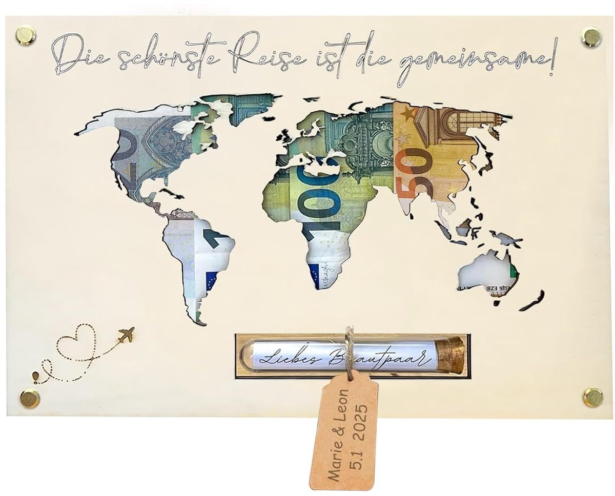 Gepersonaliseerde wereldkaart van hout als creatief geldgeschenk voor bruiloften en jubilea, uniek cadeau voor verjaardag en speciale gelegenheden
