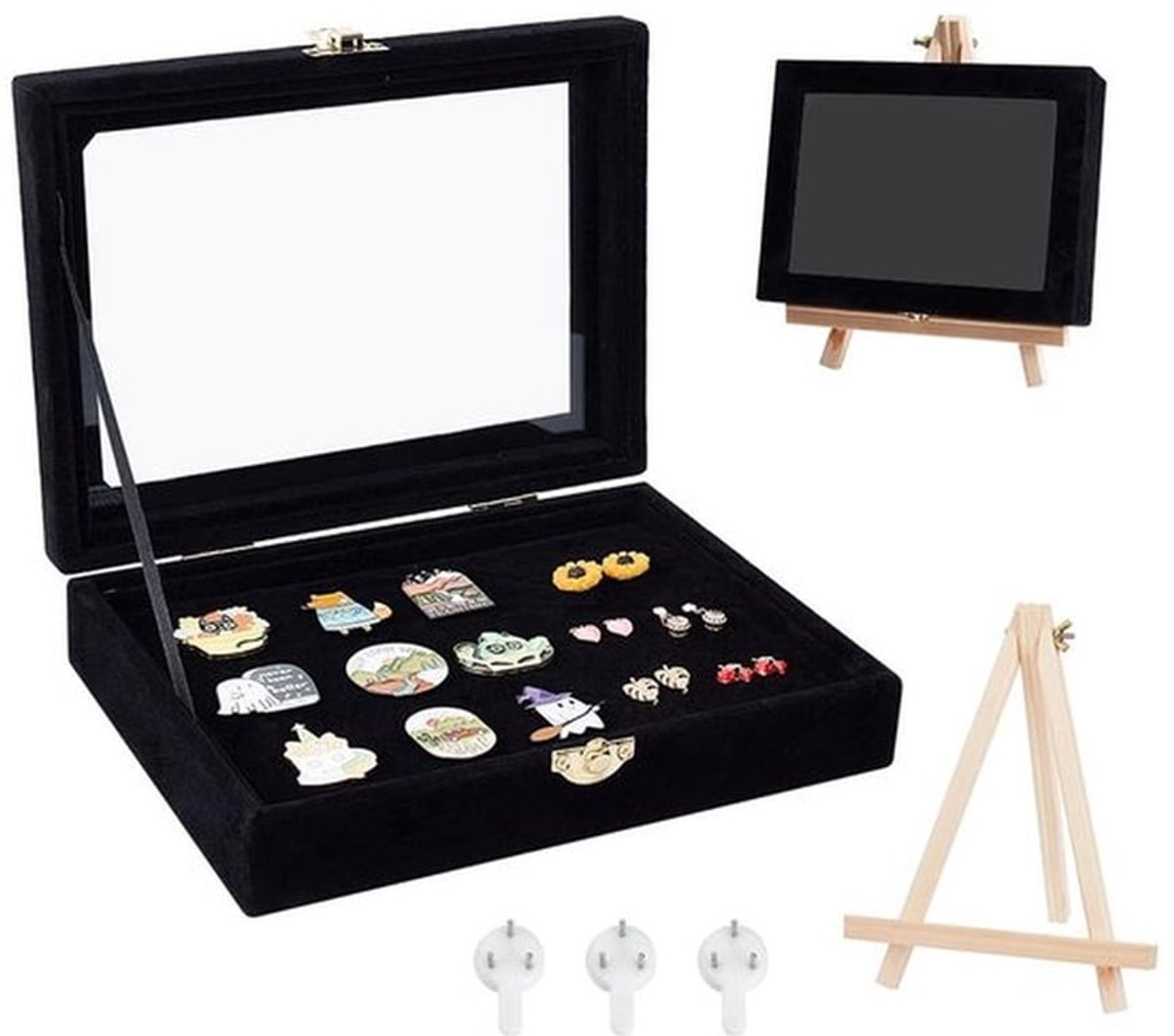 Wandhangende fluwelen speldvitrine, zwarte sieradenpresentatiedozen met venster en houten ezel broche sieradenopbergdoos voor spelden, medailles, insignes, sieraden, 20 x 16 x 4,8 cm