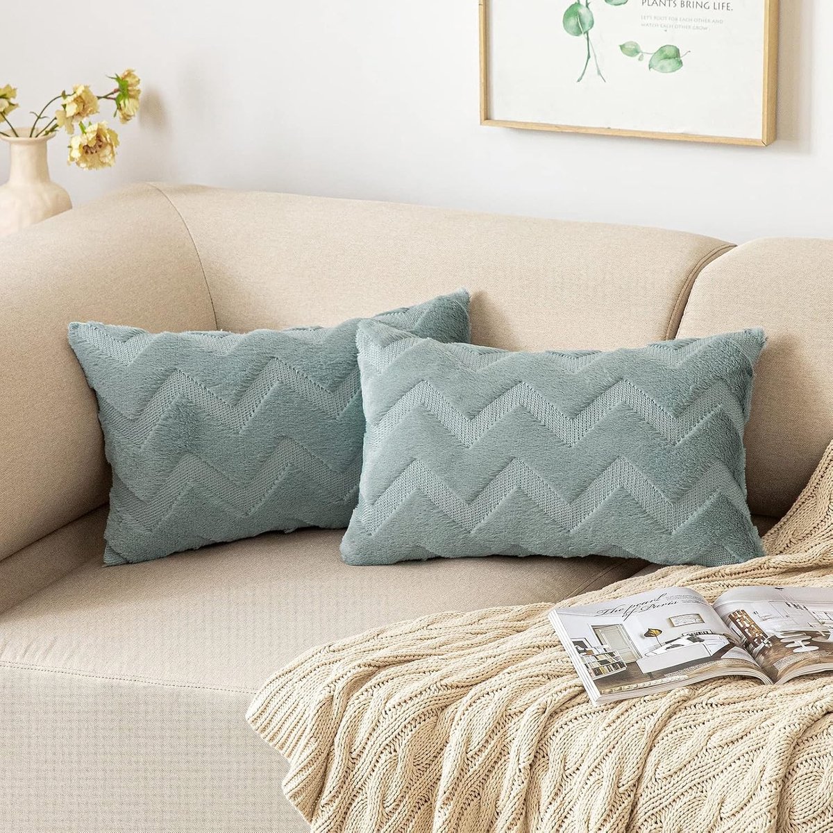 Set van 2 Fluffy Kussenhoezen, Zachte Polyester Kussens voor Woonkamer en Slaapkamer, Decoratieve Kussenhoezen met Verborgen Rits, 30 x 50 cm, Blauw-Grijs