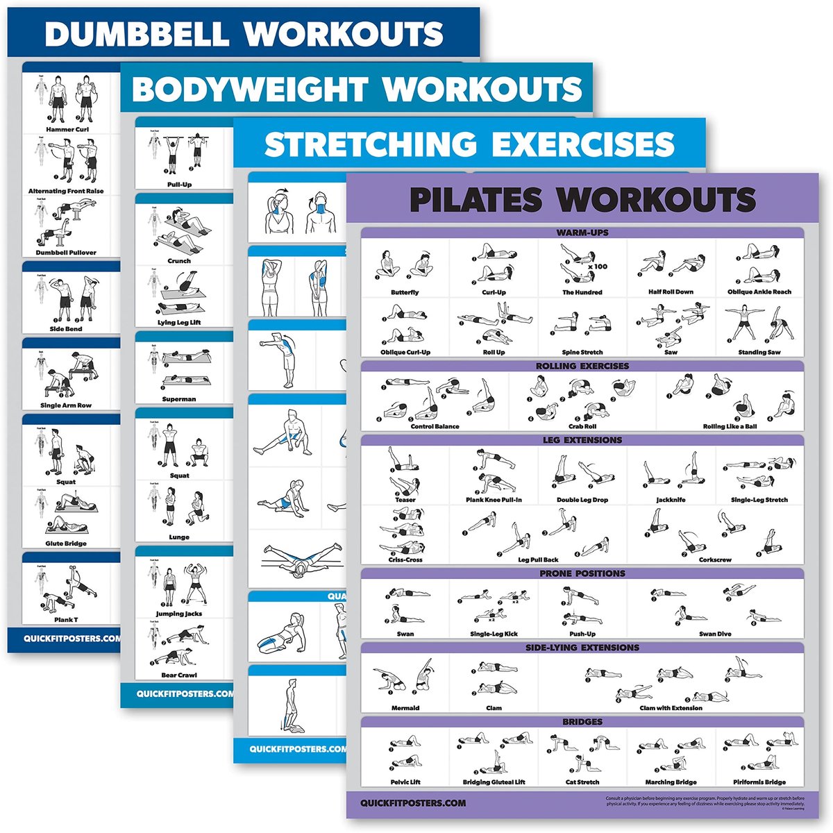 Set van 4 Workout Kaarten - Dumbbell, Body Weight, Stretches en Pilates