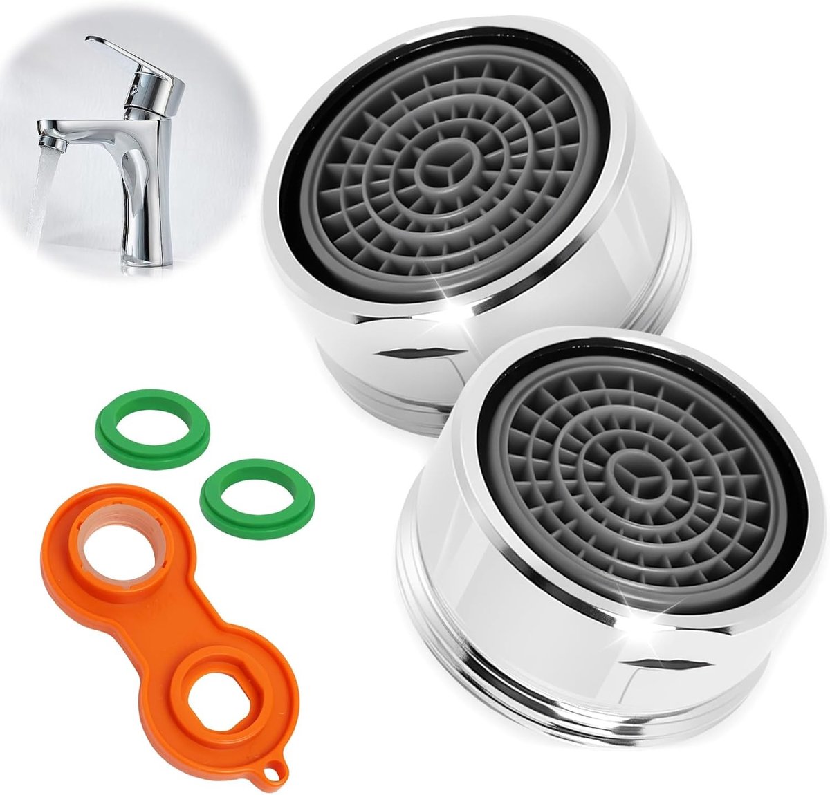 Set van 2 Messing Waterkranen - Geschikt voor 24 mm Draad, Met Anti-Kalkeerfilter, Waterbesparend en Spatbestendig