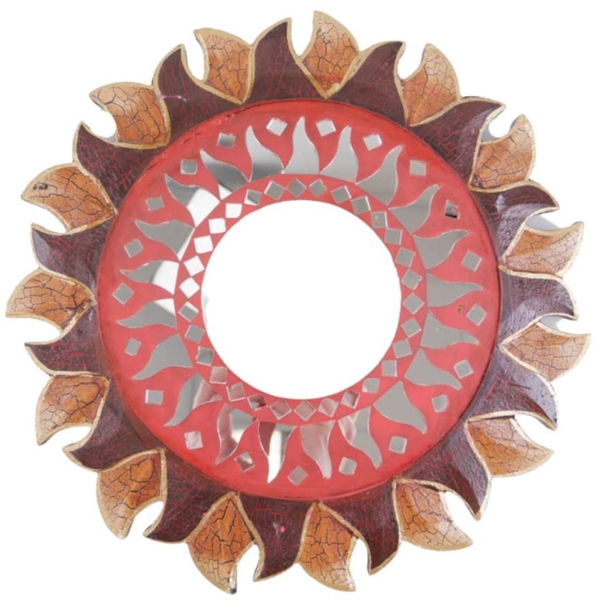 Ronde Spiegel in Zonnevorm - Ethno Decoratie met Houten en Glazen Mozaïek
