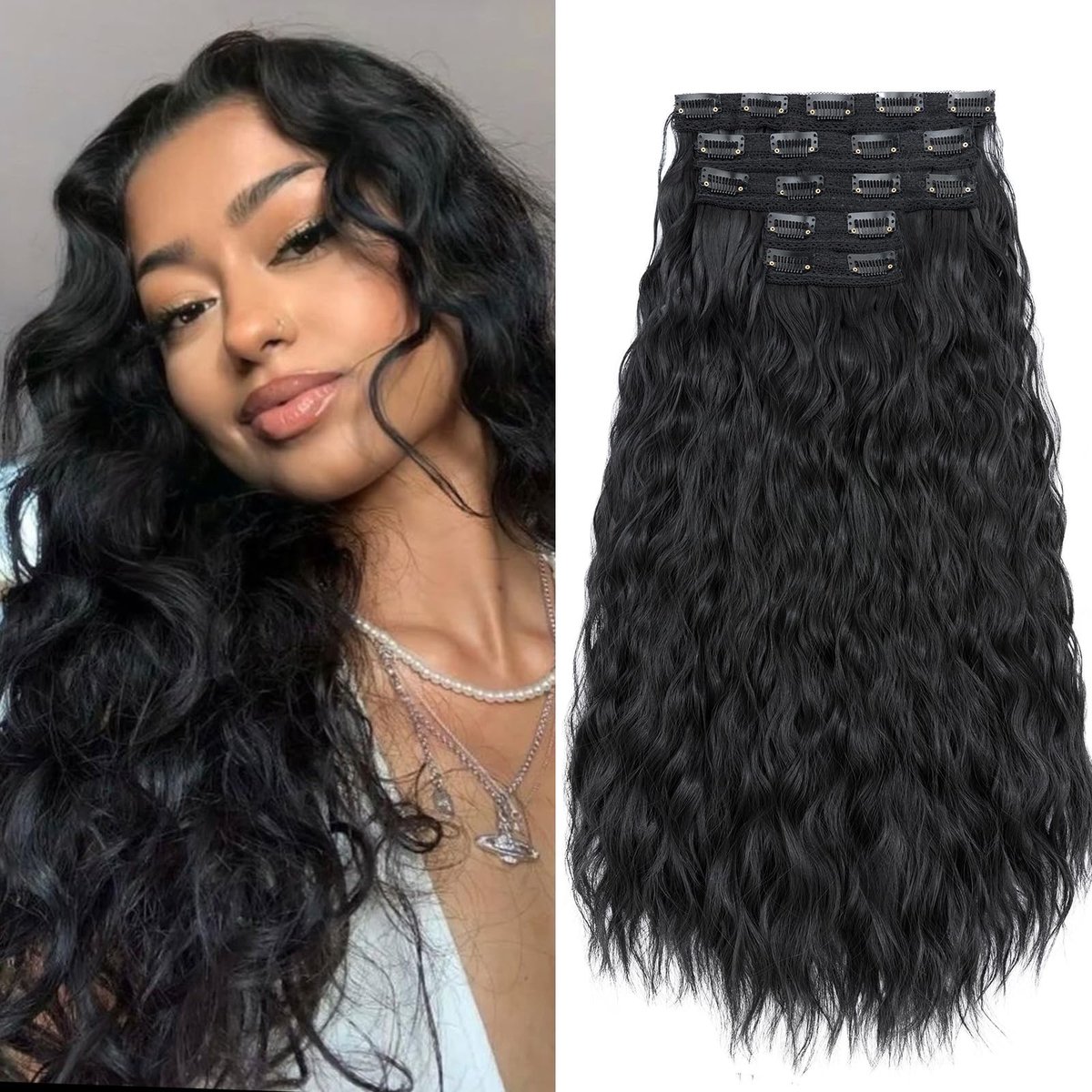 Clip-In Extensions Curly Haar - Zwart 50 cm 250 g