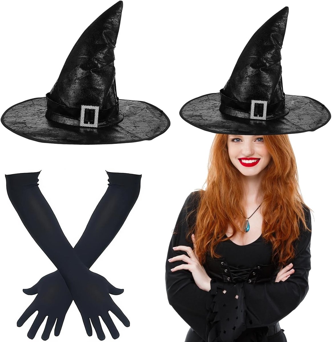 Zwarte Hekkenhoed en Lange Handschoenen voor Vrouwen, Perfecte Kostuumaccessoires voor Halloween, Carnaval en Cosplay Feesten