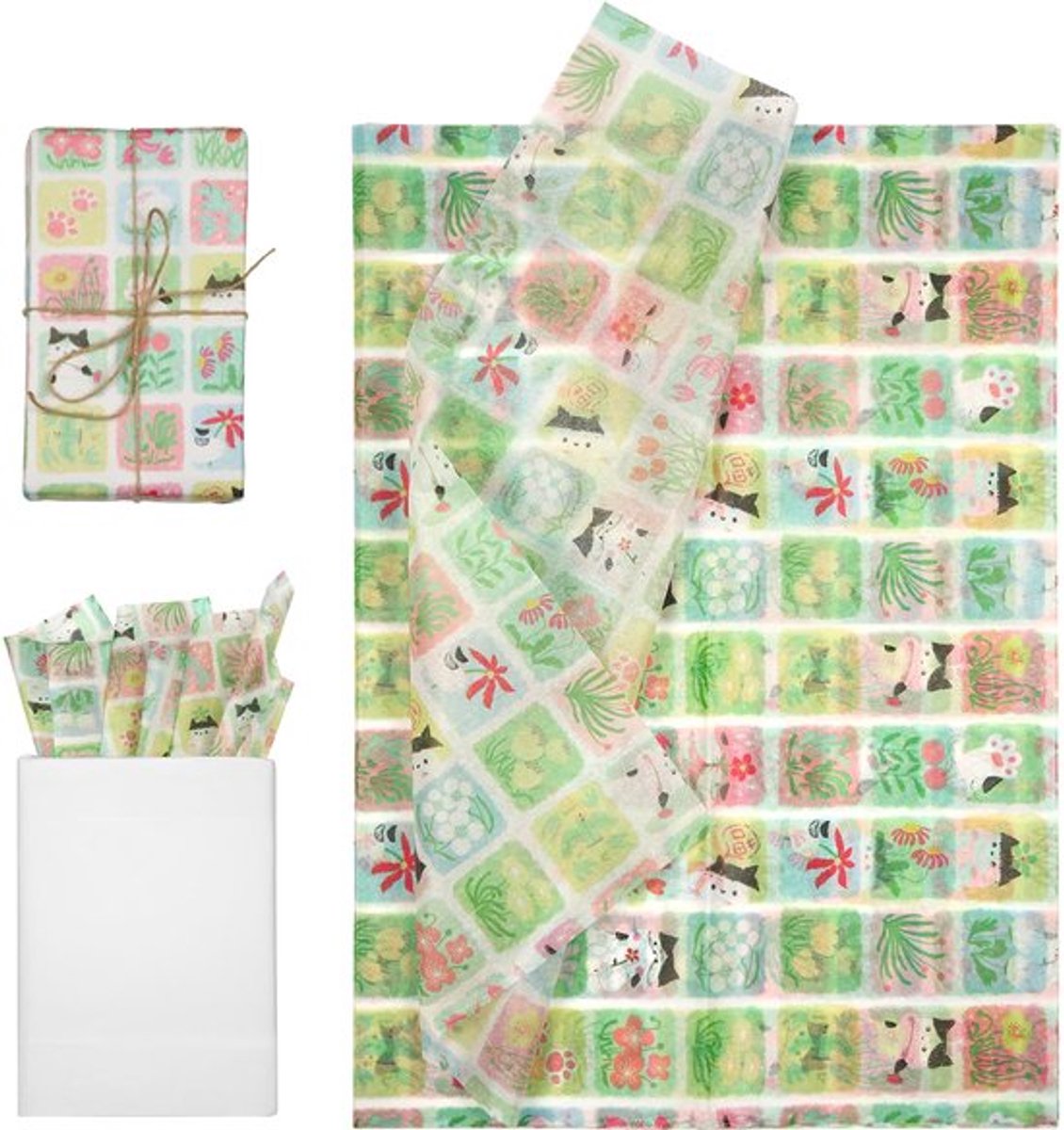 30 Vel Vloeipapier, 50x35cm Schattig Inpakpapier Cadeaupapier voor Verjaardagen Babyshowers Huisdierenfeestjes Doe-Het-Zelf Knutselspullen (Groene Kat)