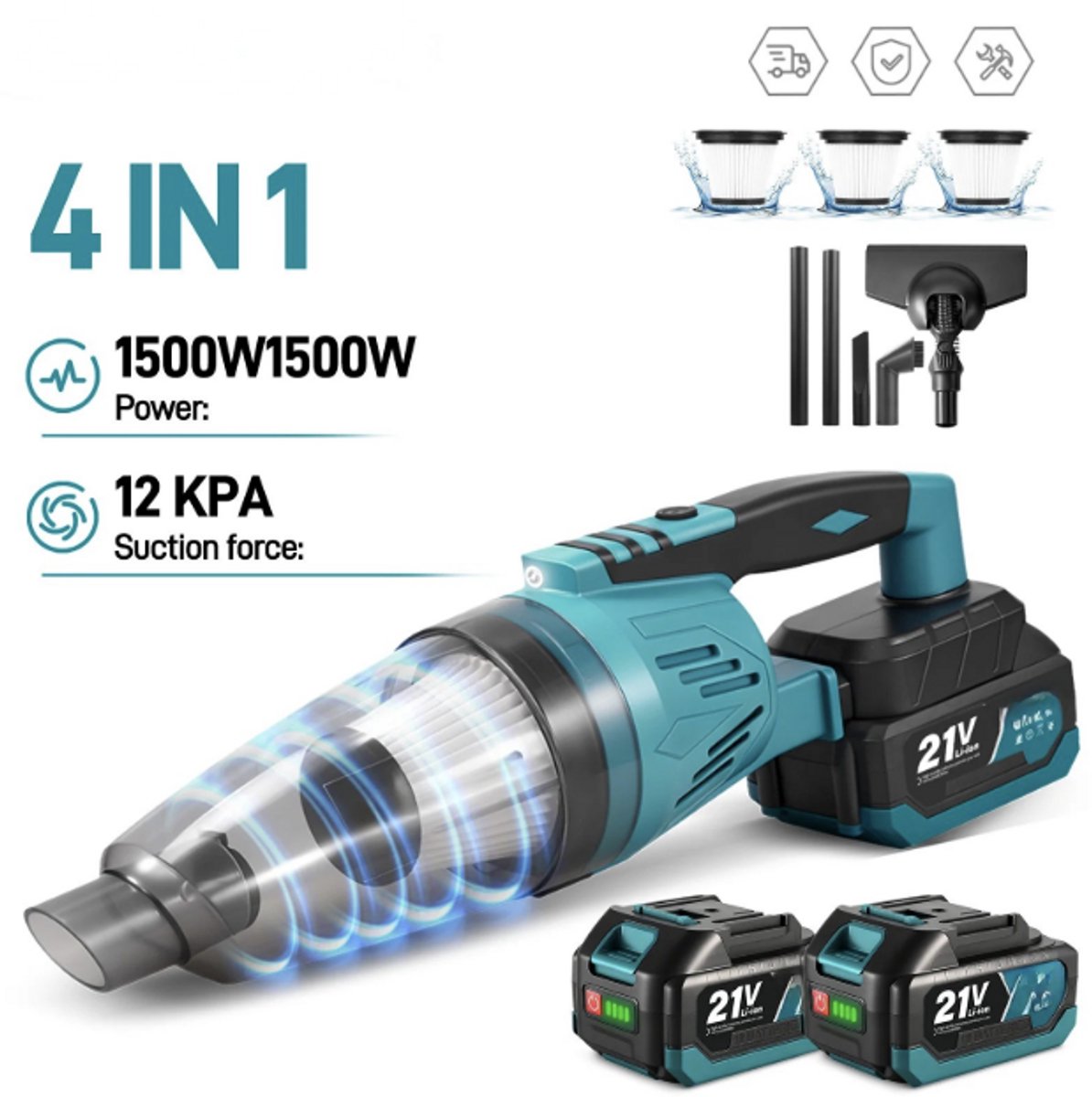 NextNovaDeals Draadloze Stofzuiger - 1500W - 12KPA - 4IN1 - Thuis En Auto - Met 3 Filters - Compatibel Met Makita 18V Batterij