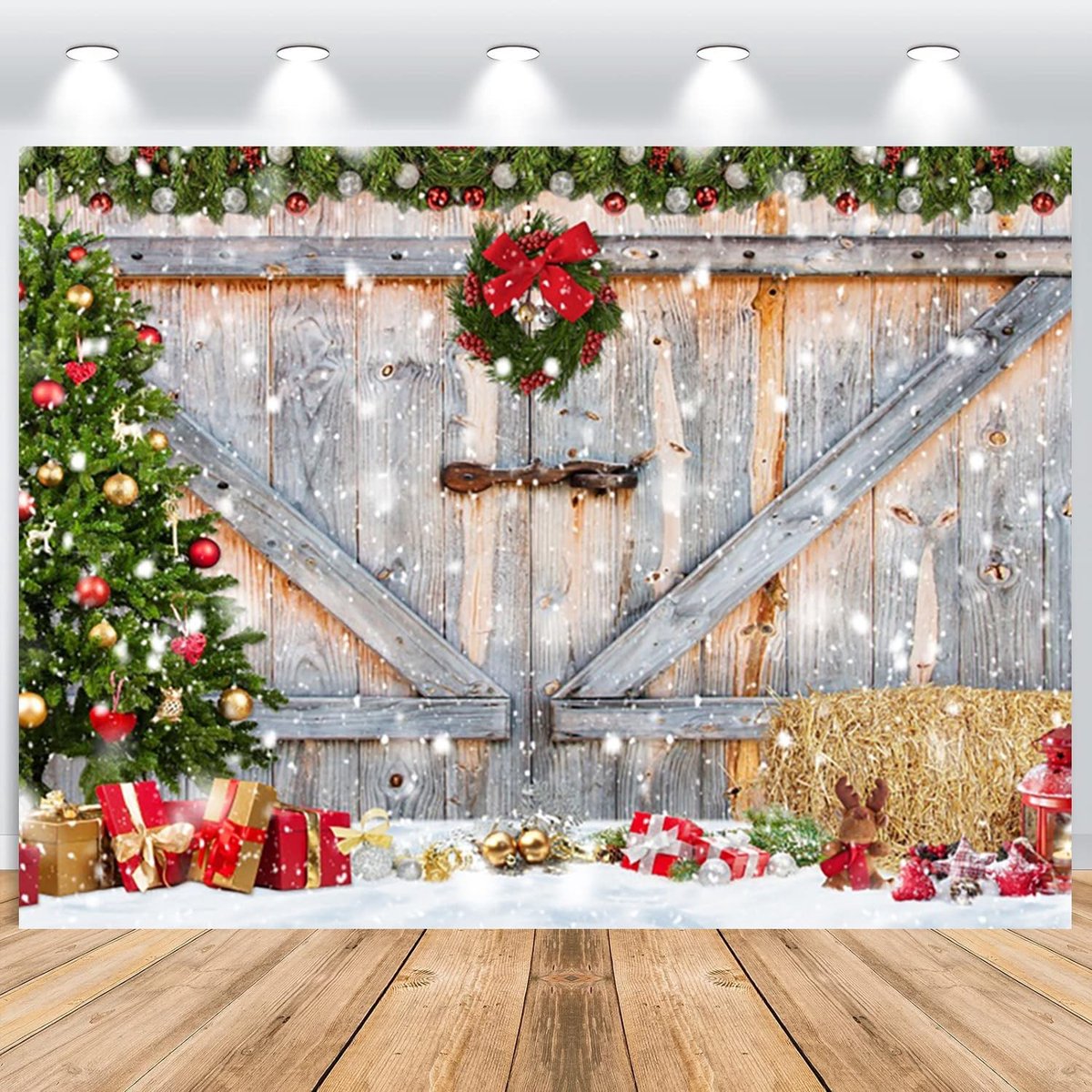 Fotobehang Kerstmis - Houten Muur en Boom 3x2,5m
