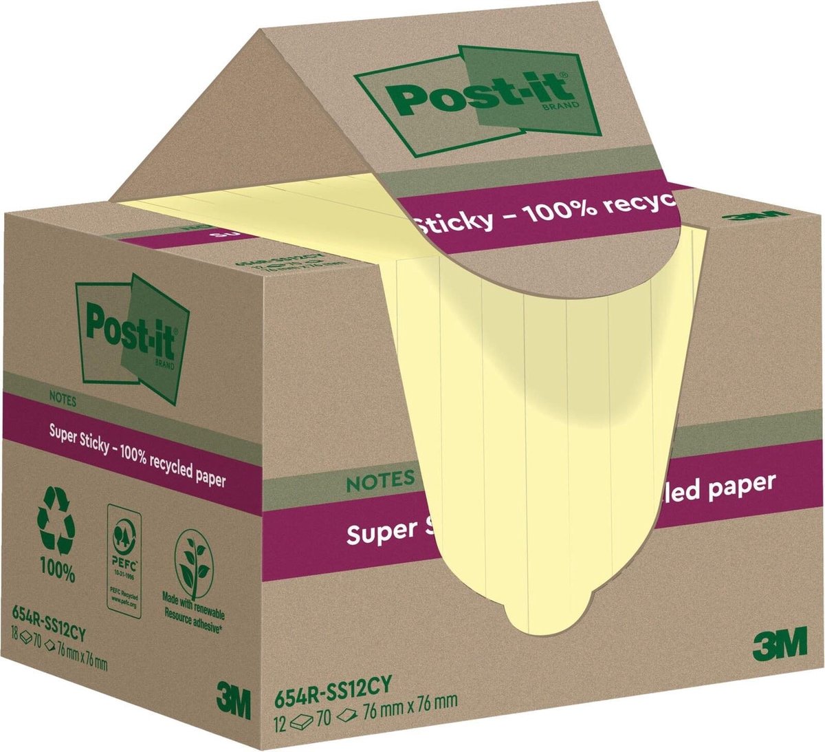 Recyclebare Sticky Notes - Geel, 76mm x 76mm, 12 Pads van 70 Vel