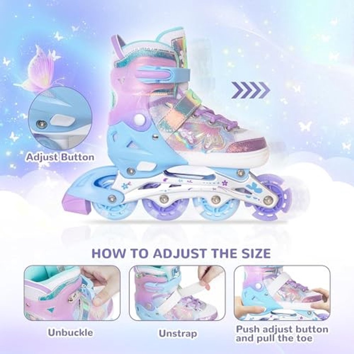 Verstelbare inline skates voor meisjes - 4 maten en met verlichte wielen - Blauw-groen