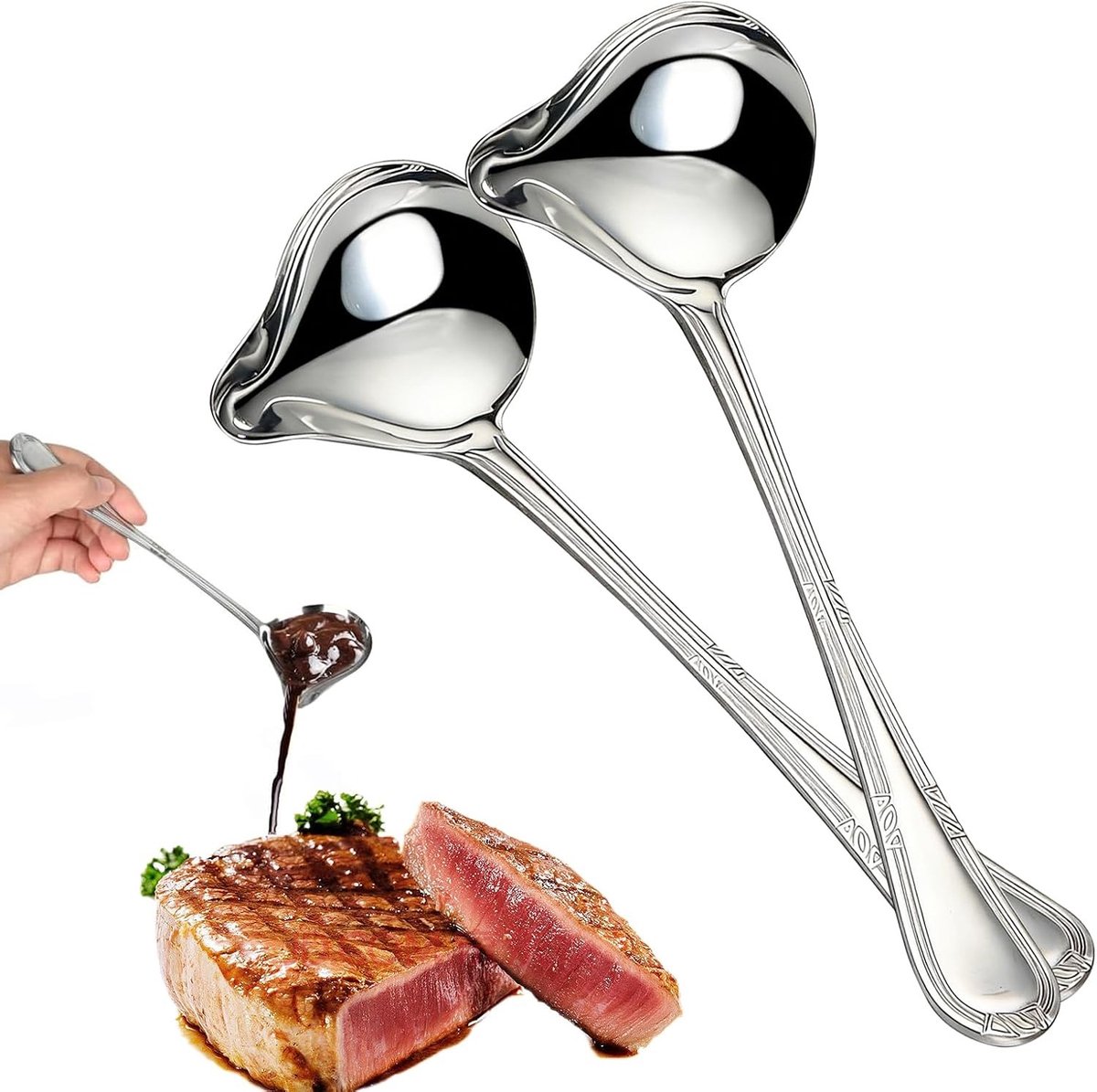 Set van 2 roestvrijstalen soeplepels van 20 cm met schuin tuitje voor soepen, sauzen en stoofschotels