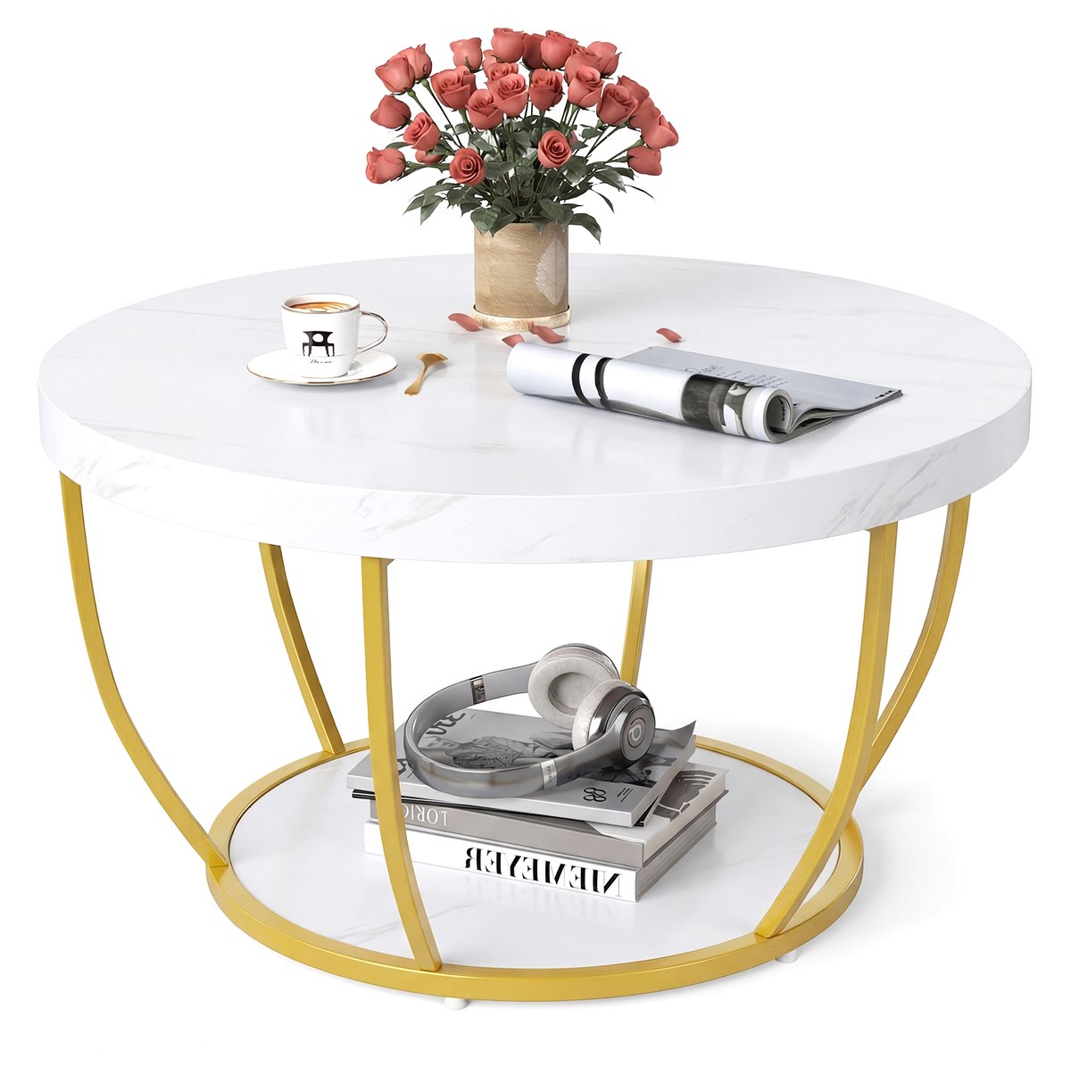 COSTWAY Salontafel rond, houten banktafel met 2 niveaus en metalen frame, woonkamertafel, koffietafel 80 cm, D, voor woonkamer, ontvangstruimte, kantoor (wit)