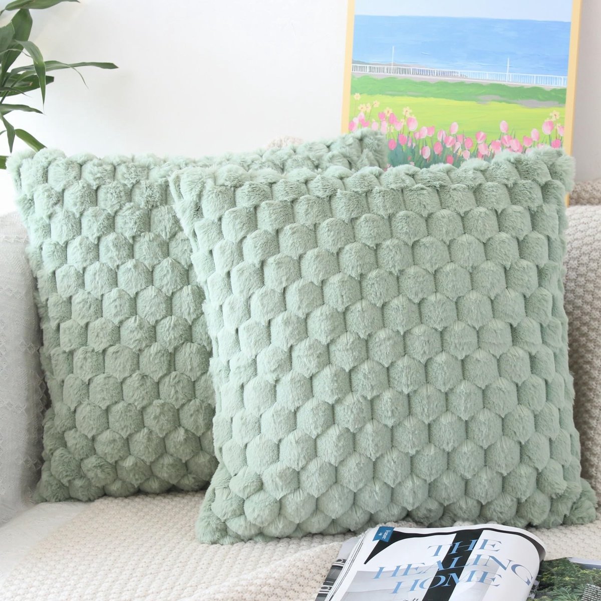 Solidchoice - Set van 2 Fluffy Kussenslopen 40x40cm Groene Luxe Decoratieve Kussens