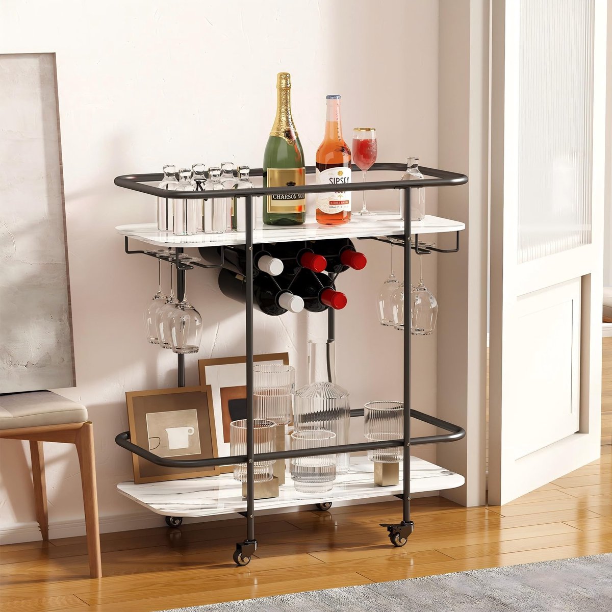 Solidchoice - Mobiele Bartrolley met Wijnrek en Glas Houder