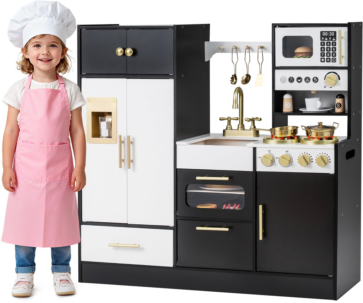 COSTWAY Kinderkeuken, speelkeuken met licht en geluid, houten keuken met fornuis, gootsteen, kraan, oven, ijsmachine, magnetron en koffiezetapparaat, speelgoedkeuken voor kinderen vanaf 3 jaar