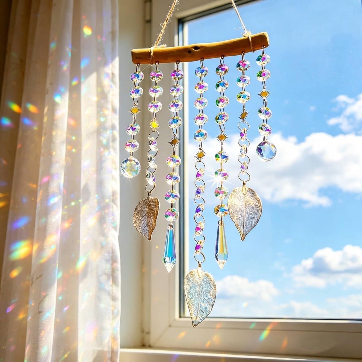 Gekleurde Glas Suncatcher - Zonnevanger - Raam Hanger - Zonnehanger - Woondecoratie - Raam Hanger - Ristallen Bladvormige Raamdecoratie -Wanddecoratie - Cadeau - 6,3 Inch - Op Ramen, Deuren of Muren