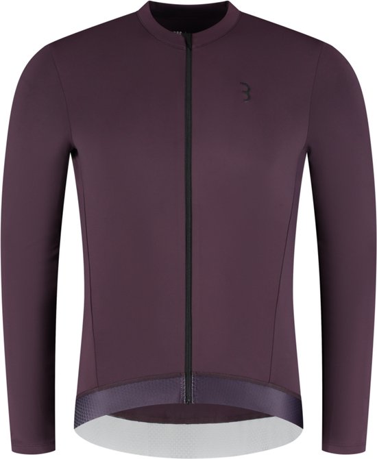 Voorkant van een dieppaars fietsshirt met lange mouwen, volledige ritssluiting en een klein logo op de borst.