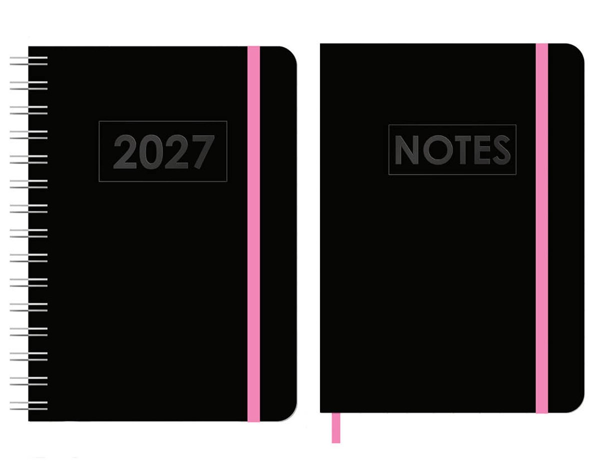 MGPcards - A5 Wire-O Agenda 2027 - Weekoverzicht 1w/2p - Zwart + Roze elastiek - 14,8 x 21 cm + Notitieboekje/opschrijfboekje - gelinieerd - 80 pagina's - A5 - Zwart-Roze