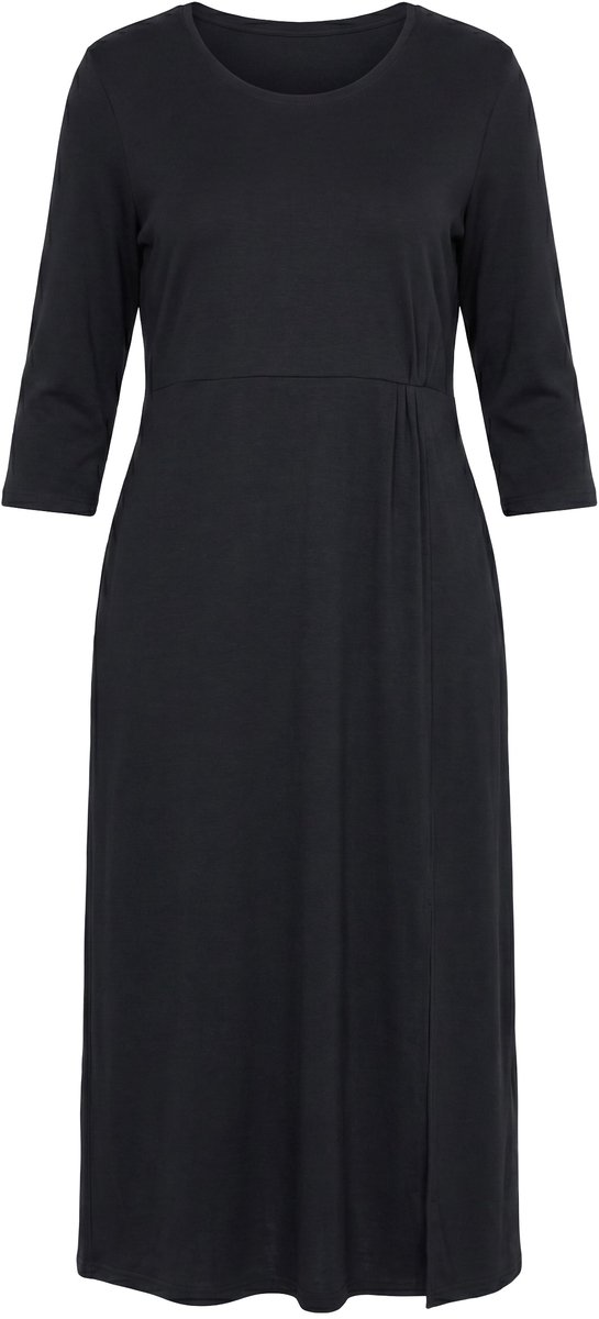 Ulla Popken Dames - Maxi-jurk sierknoop A-lijn ronde hals 3/4-mouwen - Zwart - Maat 54+