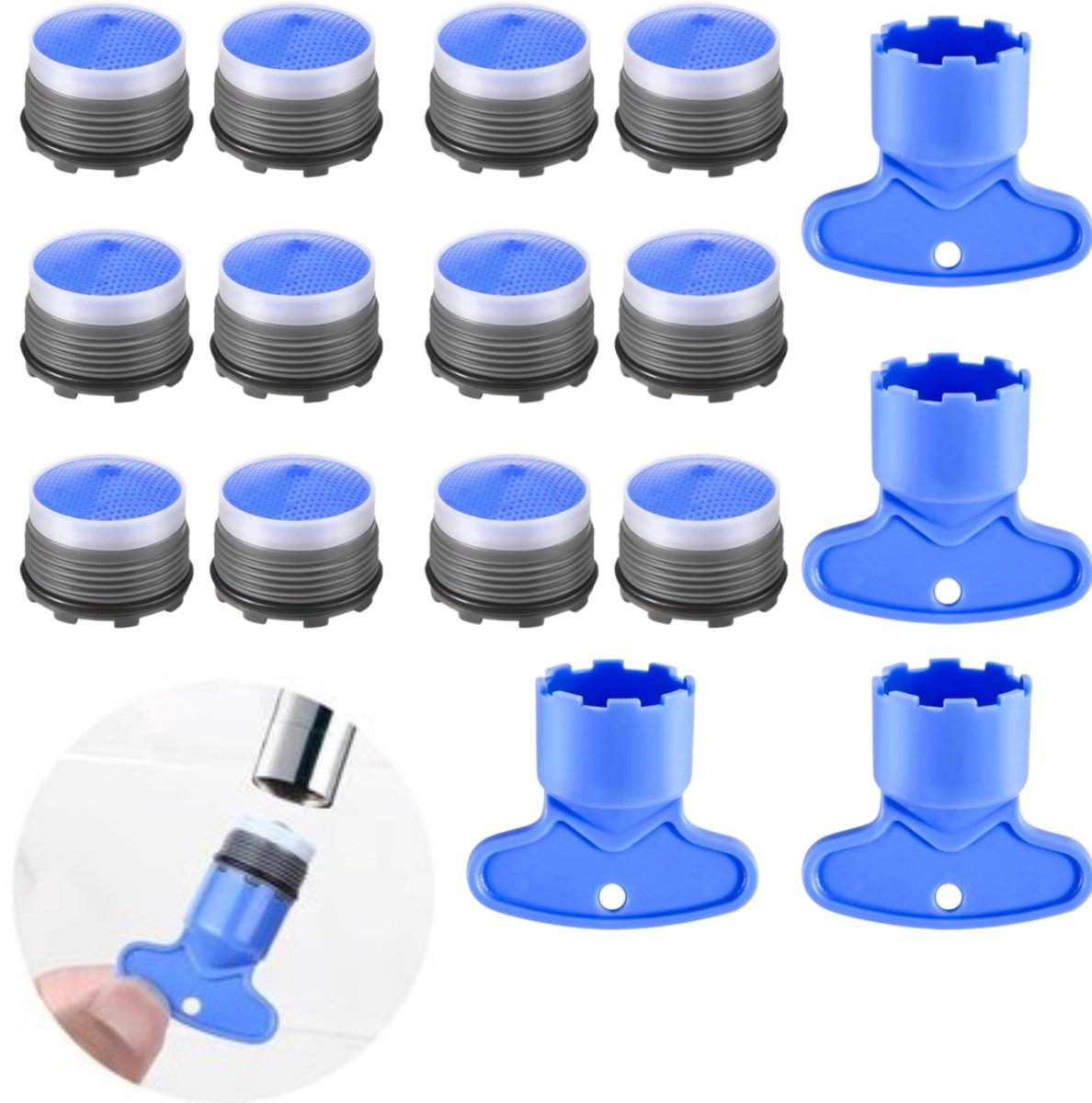 12-delige set – M18.5 Beluchter – Inbouwbeluchter – Kraanbeluchter – Kraanontluchter – Waterbesparende beluchter – Kraanuitloopfilter – Inclusief verwijderingssleutel – Blauw – Geschikt voor keuken- en badkamerkranen