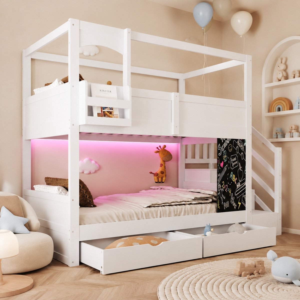Kinder Stapelbed 90 x 200 cm Zonder matras Huisdesign Wit Met Opbergleider Opbergvakken Tafel En Twee Lades Van Hout