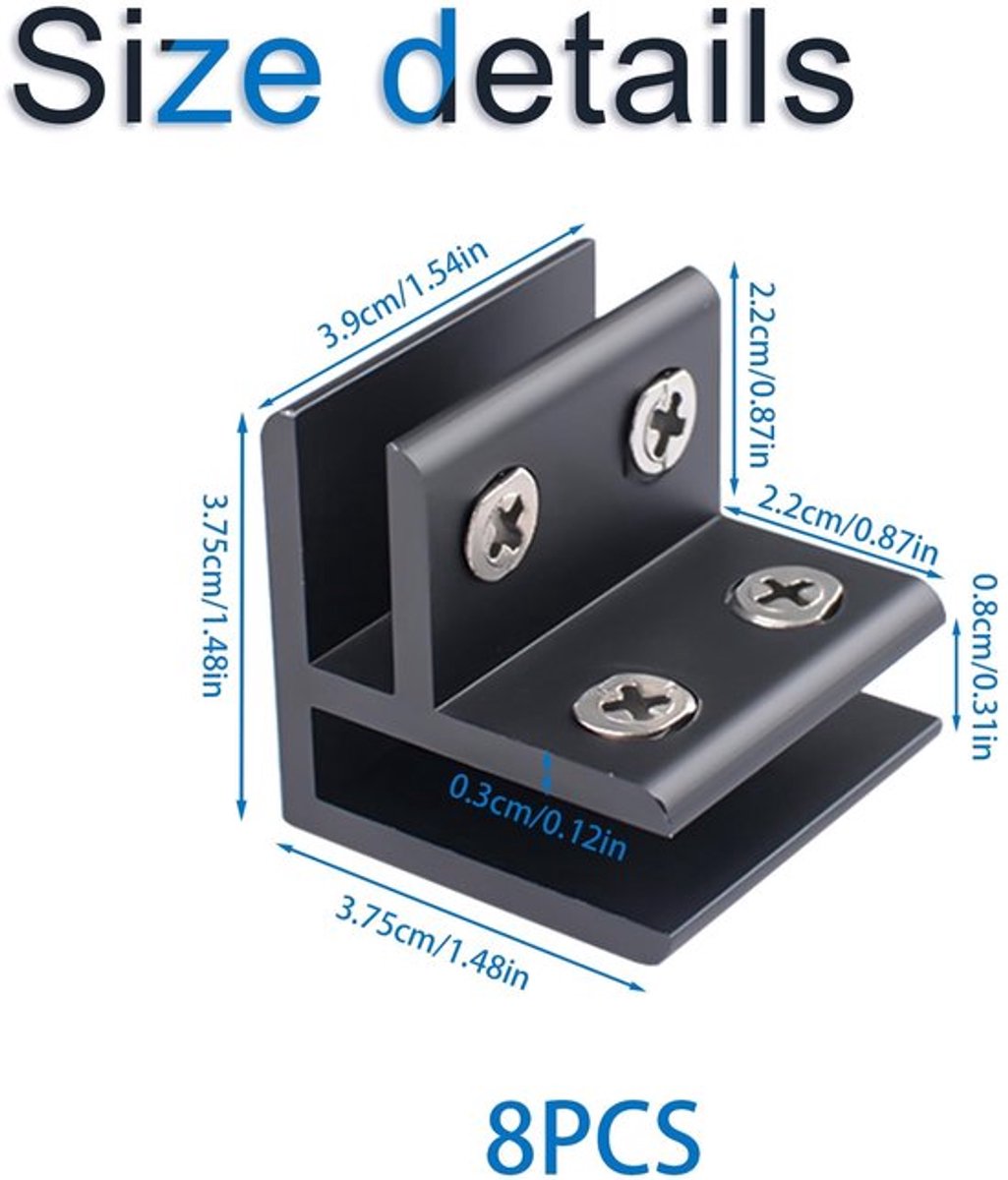 Glazen Clips - 8 Stuks - Verstelbare Zwarte Beugel - Geschikt voor 8 mm Glas - Aluminiumlegering - Afmetingen 3,75 cm x 0,3 cm - Glasbeugel