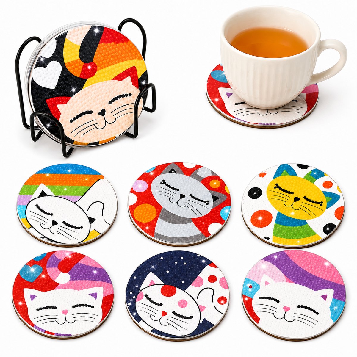 YYchan DIY Diamond Painting Onderzetters Set - 6 Stuks met Houder - Handgemaakt & Hittebestendig - Pakket Volwassenen en Kinderen - Kitten