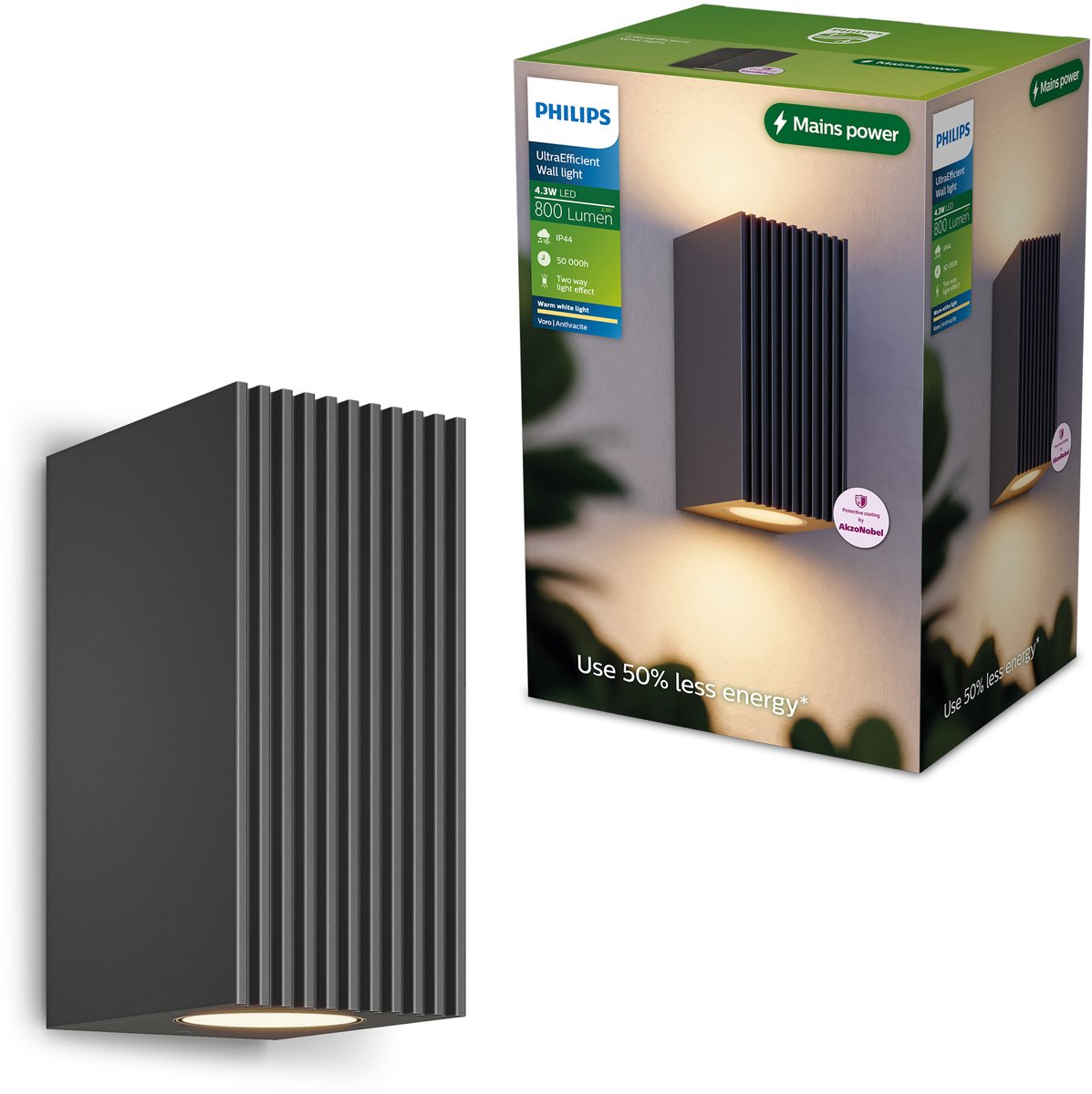 Philips Voro UltraEfficient Wandlamp - Buitenlamp - Warmwit licht: 2700K - Schijnt twee kanten op - Weerbestendig: IP44 - Antraciet - 4.3W - Rechthoekig