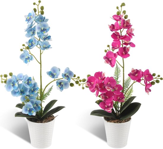 Realistische kunstorchideeën in roze en blauw - Perfecte kunstbloemen voor binnen, tafeldecoratie en bruiloften, stijlvol en duurzaam