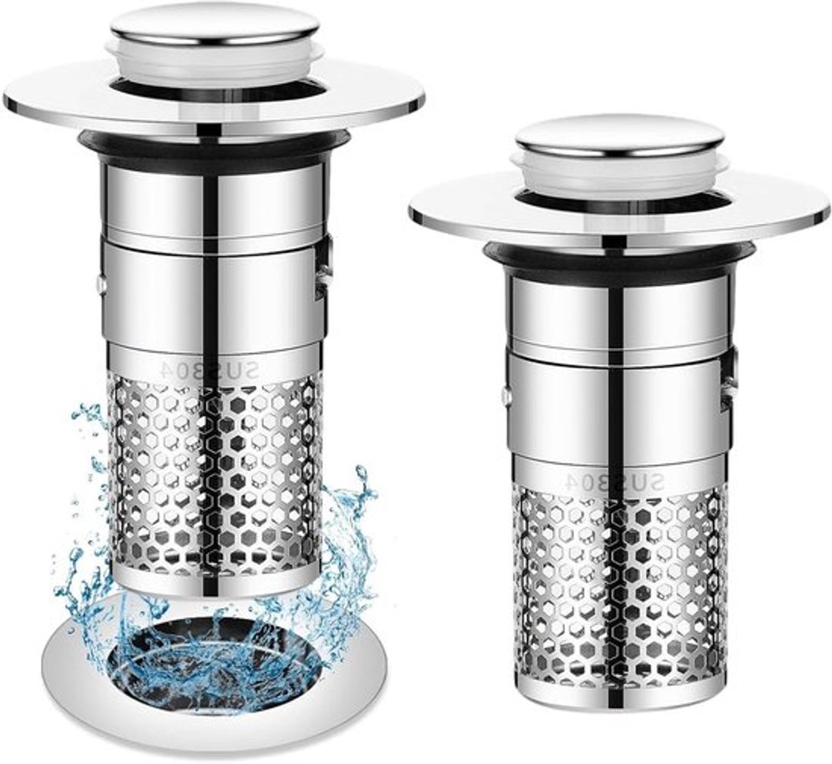 Set van 2 Universele Pop-Up Afvoer met Anti-Verstoppingsfilter 34-40 mm RVS Afvoerfilter voor Wastafel en Badkamer, Verbeterde Versie