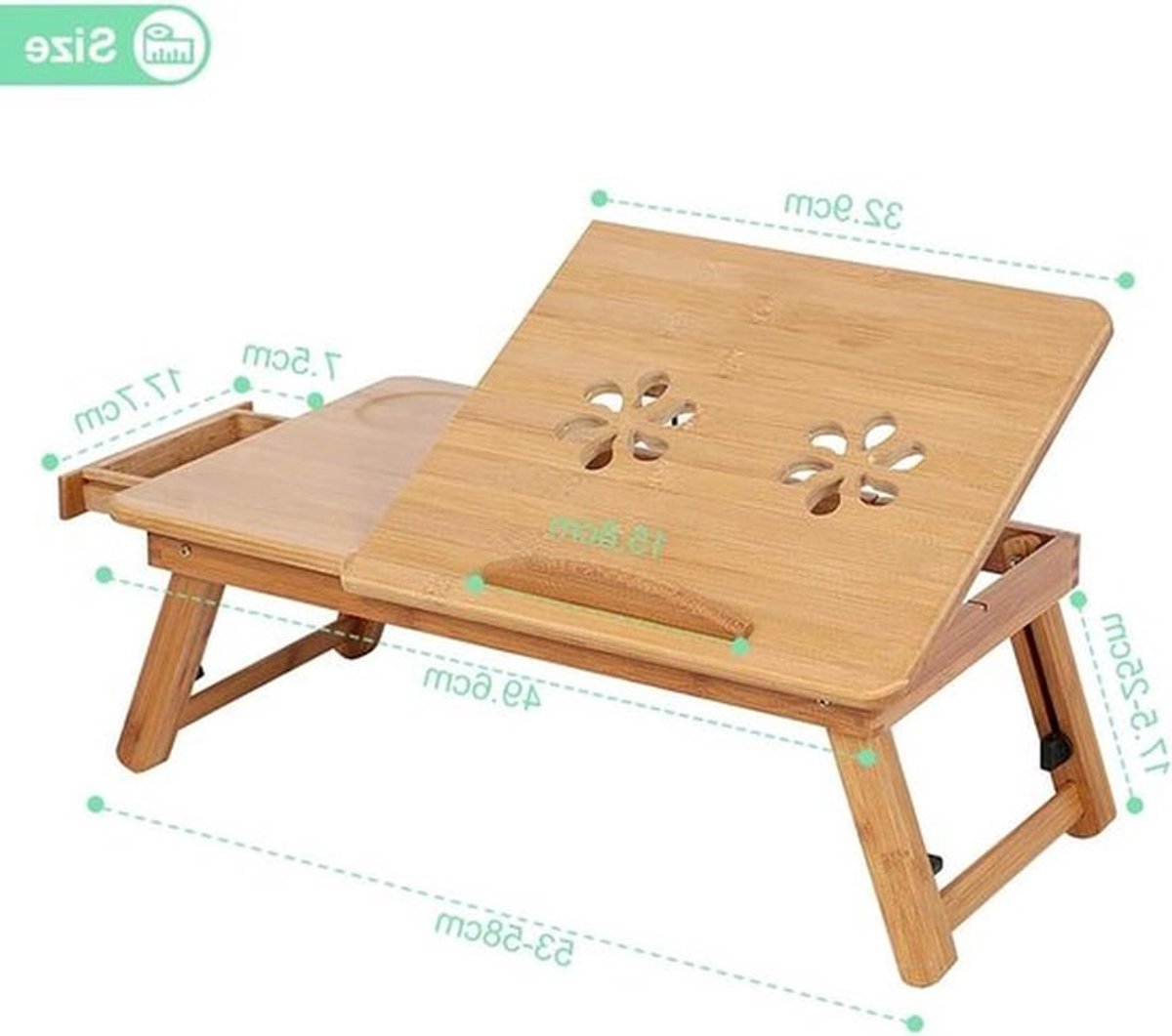 Verstelbare en opvouwbare bamboo bedtafel met 4 hellingshoeken, lade en ventilatiegaten voor laptopgebruik
