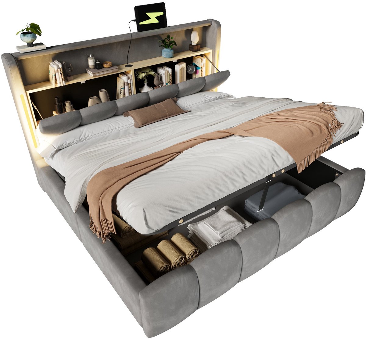 Merax Tweepersoonsbed 180x200 cm - Gestoffeerd Bed Van Fluweel - Hydraulisch Bed Met Opbergruimte - LED Verlichting - USB En USB-C - Grijs