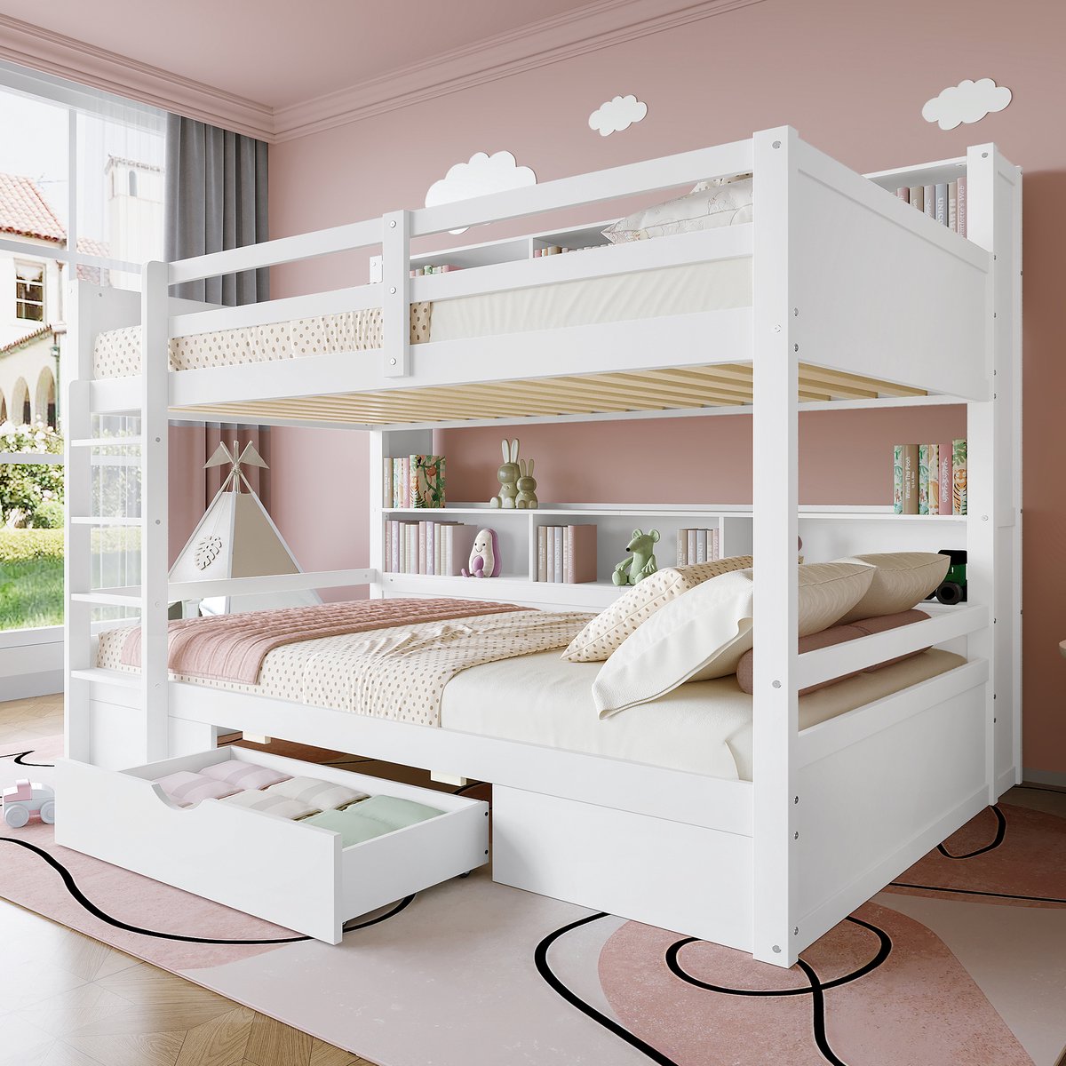 Stapelbed 90x200 cm - Met Opbergruimte - Met Lades - Sprookjesdesign - Wit