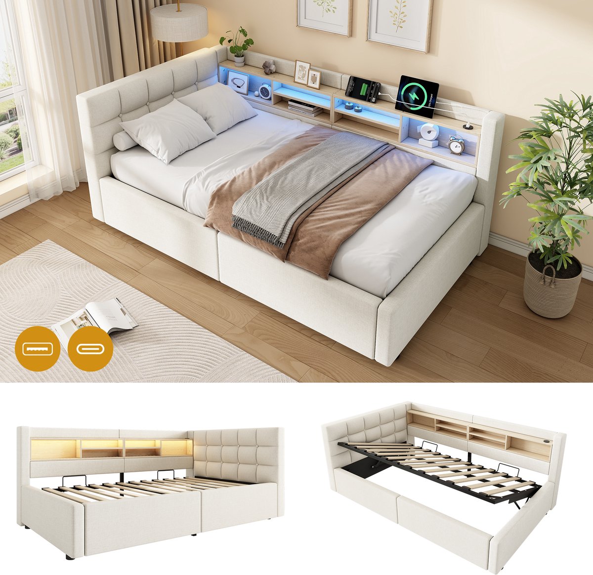 Dagbed 90x200 cm - Met LED-Verlichting - Met Opbergruimte - Met USB-Oplaadpunt - Beige