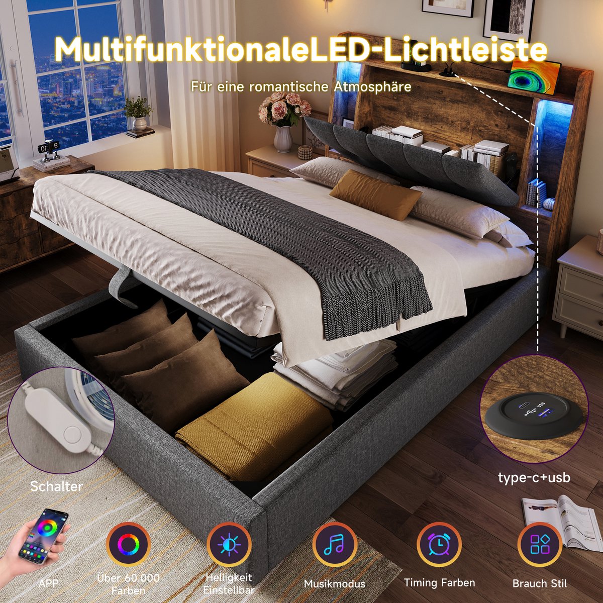 Gestoffeerd Bed 90x200 cm - Met LED-Verlichting - Met Opbergruimte - Met USB-Oplaadpunt - Grijs