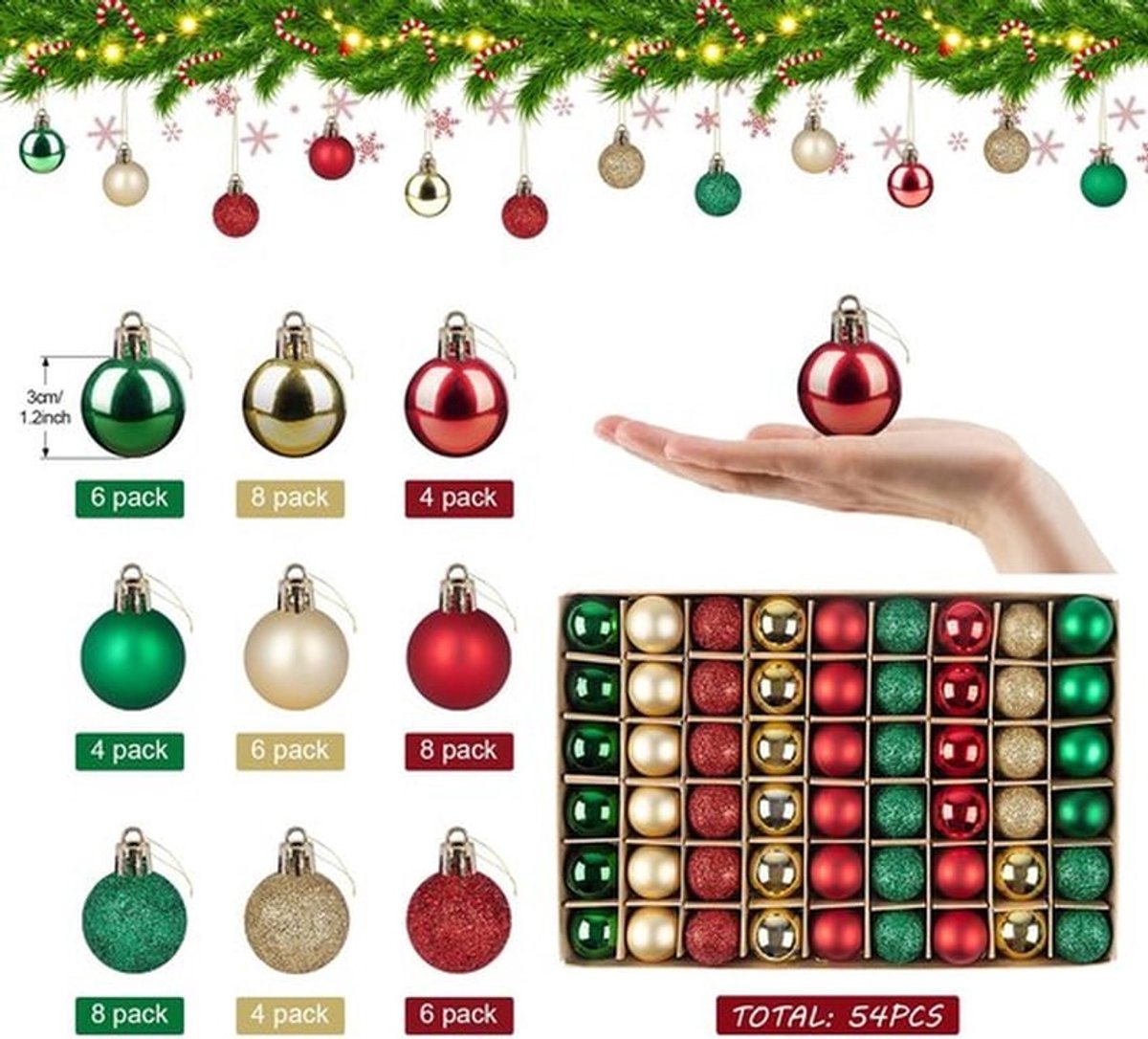 Kerstballen 54 Stuks - Mini-Ballen Ornamenten - Onbreekbaar - Glitter/Matt/Glanzend - Lichtgewicht - Vrolijke Kerstdecoratie - Kerstversiering